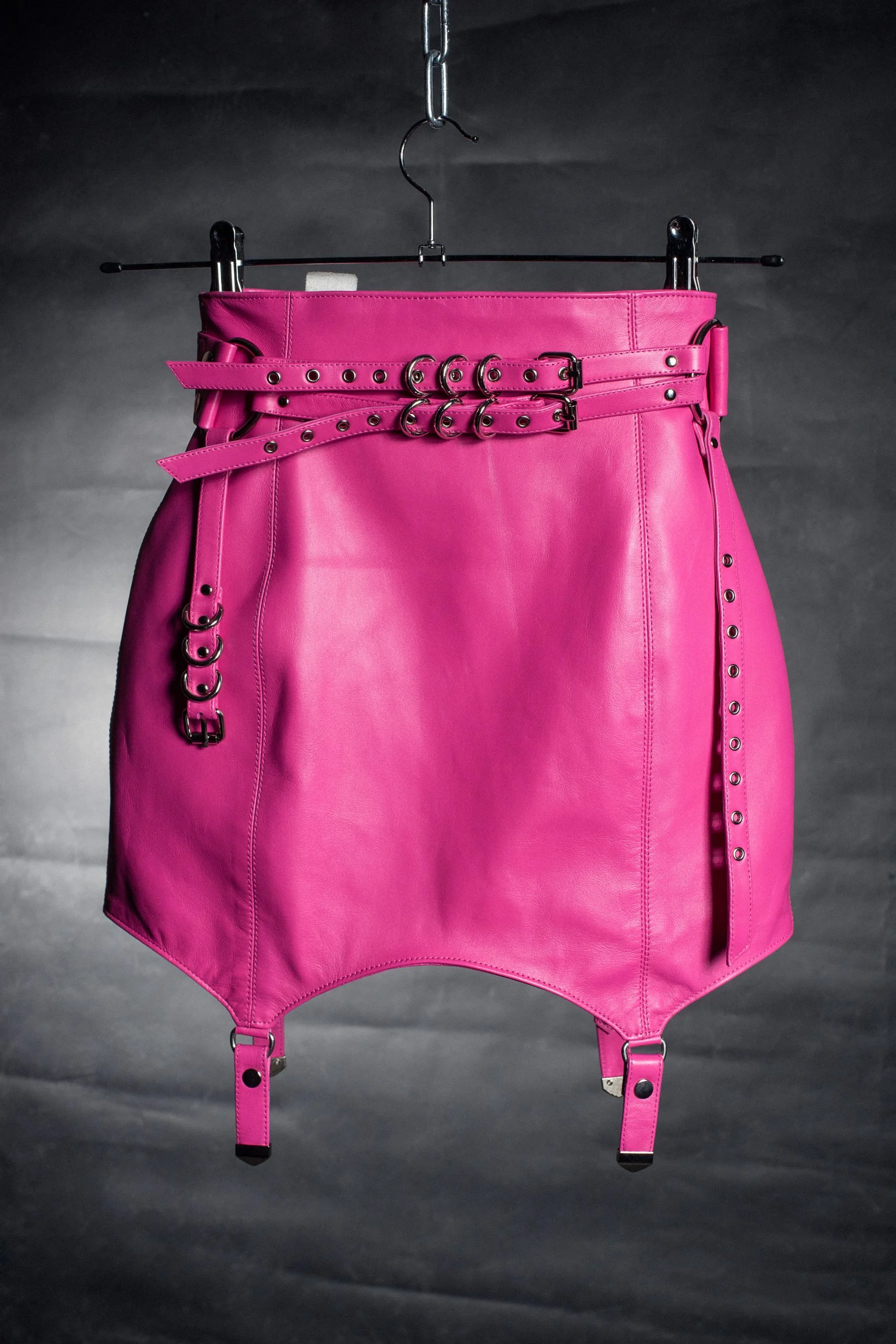 pink leather mini skirt with belt